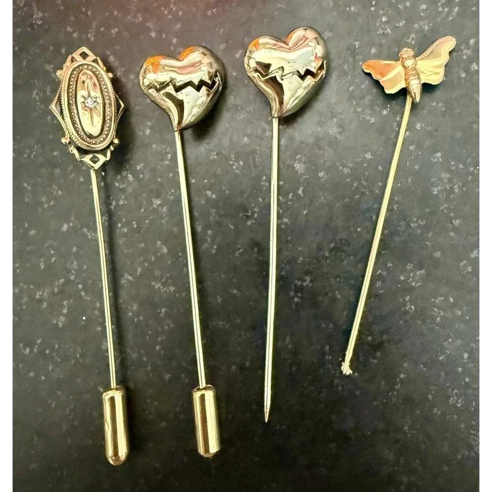 Vintage Stick Pin Lot Avon Rhinestone Hearts Bee Gold Tone 4 Pc Lapel Pins